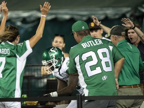 Saskatchewan Roughriders slotback Duke Williams (5) was fined for celebrating with fans after scoring a touchdown against the Edmonton Elks on Saturday.