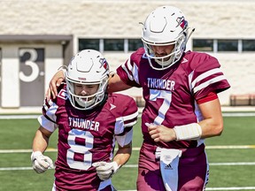 Issac Foord, 8, and quarterback Carter Shewchuk, 7, connected for the Thunder's first touchdown pass of the 2022 season.