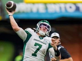 Saskatchewan Roughriders quarterback Cody Fajardo (7) throws a pass against the BC Lions in the second half at BC Place. Mandatory Credit: Bob Frid-USA TODAY Sports