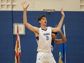 Team Quebec's Olivier Rioux plays in a men's basketball quarterfinal game against Team Alberta at the 2022 Canada Summer Games in Welland, Ontario Thursday, August 11, 2022.