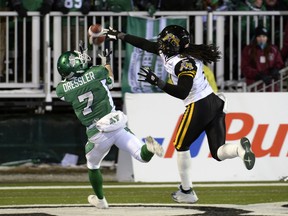 Weston Dressler, shown making a touchdown catch in the 2013 Grey Cup game, is among this year's inductees into the Saskatchewan Roughriders' Plaza of Honour.