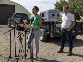 Critic for Jobs and Economy Aleana Young, left, and Opposition Critic for Finance Trent Wotherspoon were out on the Vos Family farm, southeast of Regina on Wednesday, August 10, 2022.