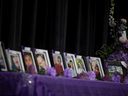 Portraits of lost family members due to overdose sit on a table as part of a memory walk during an International Overdose Awareness Day event being held at the Mamaweyatitan Centre on Wednesday, August 31, 2022 in Regina. 