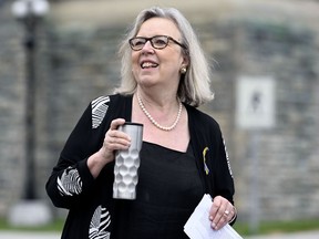 Green Party MP Elizabeth May looks on before the start of a news conference on Parliament Hill in Ottawa, on Tuesday, June 21, 2022. May is running on a joint ticket to reclaim the leadership of the Green Party.