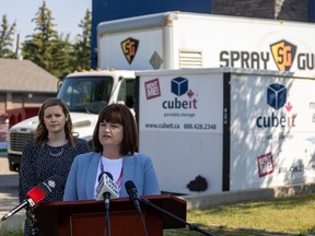 Official Opposition Leader Carla Beck, speaking, was joined by Opposition Health Critic Vicki Mowat as they held a news conference out front of now shuttered Pasqua South Medical Centre.