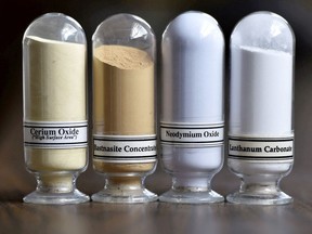 Samples of rare earth minerals from left: Cerium oxide, Bastnaesite, Neodymium oxide and Lanthanum carbonate.
