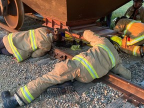 Regina Fire and Protective Services responded to calls of an injured man trapped inside a train car on Thursday Aug. 18. The man had what fire crews described as serious injuries to his upper body.