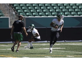 It felt like old times for Brayden Lenius (24), who practised with the Saskatchewan Roughriders for the first time since re-signing with the Green and White on Monday.