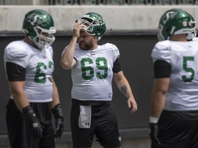 Saskatchewan Roughriders rookie centre Logan Bandy (69) returns to the active roster on Saturday against the Edmonton Elks after missing a game due to COVID-19.