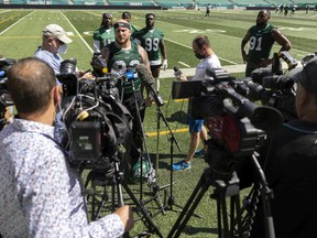 Former Saskatchewan Roughriders defensive tackle Garrett Marino speaks with reporters after practice at Mosaic Stadium on Aug. 16.