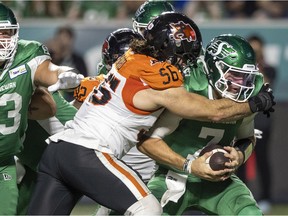 Saskatchewan Roughriders quarterback Cody Fajardo (7) was sacked twice before being replaced by Mason Fine late in the second quarter.