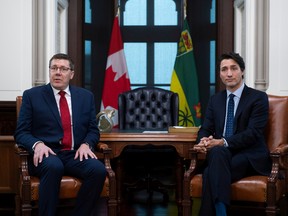 Prime Minister Justin Trudeau meets with Saskatchewan Premier Scott Moe in his office on Parliament Hill in Ottawa, Tuesday, Nov. 12, 2019.