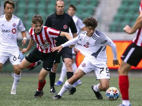 Sunderland AFC's Ben Middlemas, left, and Toronto FC II's Luca Accettola are shown during Wednesday's international under-23 soccer match at Mosaic Stadium.  Sunderland won 1-0.