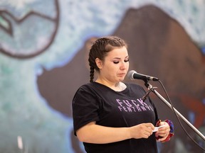 Cheyenne McDonald, community outreach coordinator at the Elizabeth Fry Society, speaks at the Saskatoon Indian & Metis Friendship Centre on international overdose awareness day. Photo taken in Saskatoon, Sask. on Wednesday, Aug 31, 2022.