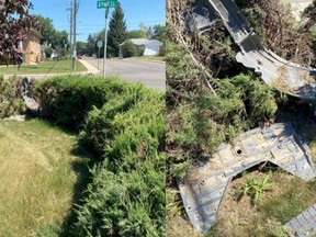 The driver of what was determined to be a Nissan Rogue is wanted for causing property damage and leaving the scene of this crash on July 29, 2022 in the 300 block of 6th Ave SE, Swift Current.