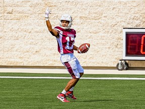 Isaiah Woodley of the Regina Thunder celebrates a 59-yard touchdown reception against the Winnipeg Rifles on Aug. 21 at Leibel Field.