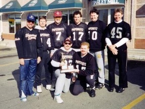 The Paperboyz — 1992 Regina Aerial Touch Football League champions. Standing (left to right): Dean Hugie, Murray Mandryk, Patrick Davitt, Rob Vanstone, Mark Anderson, Ian Hamilton. Kneeling (left to right): Kevin Blevins, Mark Wilkinson.