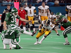 With Glen Suitor holding, the Saskatchewan Roughriders' Dave Ridgway kicks the game-winning field goal against the Hamilton Tiger-Cats with two seconds remaining in the 1989 Grey Cup game — the most stressful sporting event Rob Vanstone has ever attended.