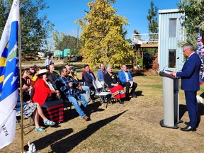 Saskatchewan Lt.-Gov. Russ Mirasty speaks as treaty boundary signs for Highway 11 were unveiled at a media event on Sept. 26, 2022. Photo supplied by the Office of the Treaty Commissioner.