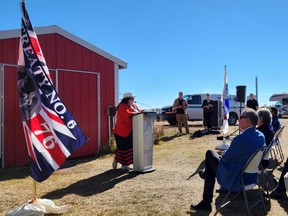 Treaty Commissioner Mary Culbertson speaks as treaty boundary signs for Highway 11 were unveiled at a media event on Sept. 26, 2022. Photo supplied by the Office of the Treaty Commissioner.
