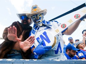 Winnipeg Blue Bombers fans celebrate a touchdown during Saturday's Banjo Bowl, in which the Saskatchewan Roughriders fell 54-20 at IG Field.