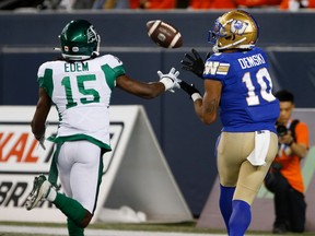 The Winnipeg Blue Bombers' Nic Demski gets behind Saskatchewan Roughriders safety Mike Edem for a 25-yard touchdown on Friday night at IG Field.
