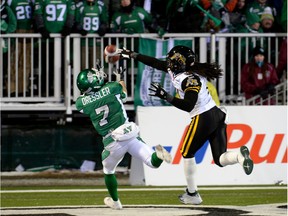 Former Saskatchewan Roughriders receiver Weston Dressler is a role model for Miller Marauders receiver Kenton Appel, who also wears No. 7. Dressler is shown catching a touchdown pass against the Hamilton Tiger-Cats in the 2013 Grey Cup game.