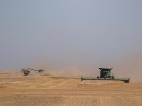 A combine harvests a field next to highway 6 on Friday, September 2, 2022 south of Regina.