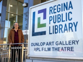 Joanne Havelock of the Friends of the Regina Public Library outside the library's central branch on Sept. 26, 2022.