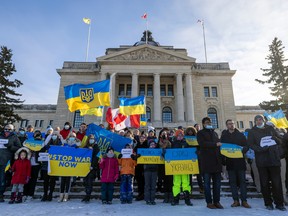 On Feb. 25, the same day Russian troops advanced on Ukraine's capital, a crowd gathered on the steps of the Saskatchewan Legislative Building to show their support for the people of Ukraine and calling for a halt in the military action.