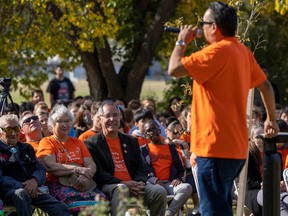 An event was held at the Residential School Memorial at Government House on the National Day for Truth and Reconciliation on Friday, September 30, 2022 in Regina. Lt.-Gov Russ Mirasty and his wife Donna enjoy a musical performance by Brad Bellegarde as part of the event.
