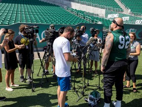 Defensive tackle Garrett Marino, 92, will no longer be the centre of attention now that he has been released by the Saskatchewan Roughriders.