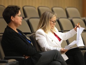 Coun. Terina Shaw, right, (Ward 7) at a city council meeting in Regina's City Hall on Wednesday, September 14, 2022.