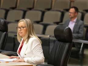 Coun. Terina Shaw, left, (Ward 7) at a city council meeting in Regina's City Hall on Wednesday, September 14, 2022.