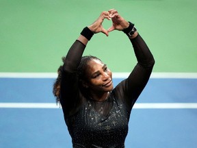 Serena Williams of the United States gestures to the crowd after a match against Ajla Tomljanovic of Australia on day five of the 2022 U.S. Open tennis tournament at USTA Billie Jean King Tennis Center.