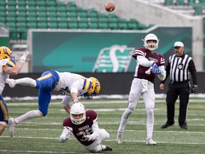 Regina Thunder quarterback Carter Shewchuk, shown Nov. 14 during the PFC final against the Saskatoon Hilltops at Mosaic Stadium, looks forward to Saturday's road game against the provincial arch-rivals.
