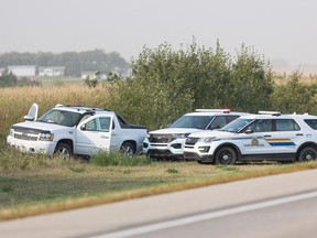 RCMP on scene on Highway 11 after the arrest of Myles Sanderson north of Saskatoon.