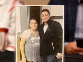 Bonnie Burns and brother Mark Arcand in a photo shown at a press conference about family members who died in the James Smith Cree Nation tragedy, and those who survived.