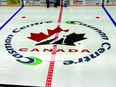 The Hockey Canada logo is displayed at centre ice at the Casman Centre in Fort McMurray, Alta.