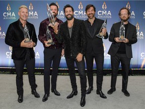 (L-R) Trevor Rosen, Brad Tursi, Matthew Ramsey, Geoff Sprung, and Whit Sellers of Old Dominion attend the 2020 CMA Awards in Nashville.