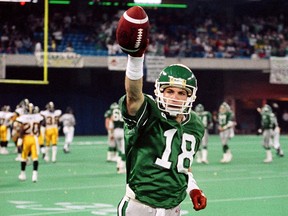 The Saskatchewan Roughriders' Jeff Fairholm celebrates after scoring on a 75-yard touchdown bomb in the 1989 Grey Cup game.