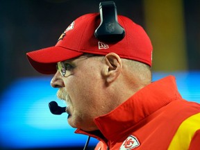 Head coach Andy Reid of the Kansas City Chiefs looks on from the sidelines during the game against the Las Vegas Raiders at Arrowhead Stadium on October 10, 2022 in Kansas City, Missouri.