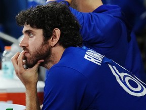 Toronto Blue Jays relief pitcher Jordan Romano looks on during ninth inning of the Jays 10-9 loss to the Mariners on Saturday, October 8, 2022.
