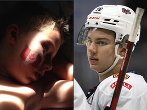 Regina Pats star Connor Bedard, a prominent member of Team Canada at the 2023 world junior hockey championship, is shown (left) as a youngster with a maple leaf logo on his right cheek and (right) as a member of the Regina Pats.