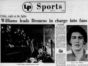 Regina Leader-Post coverage of an April 19, 1974 playoff game between the Regina Pats and Swift Current Broncos. The game was notable for a third-period incident in which the Broncos' Dave (Tiger) Williams waded into the stands at Exhibition Stadium.