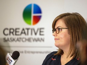Creative Saskatchewan CEO Erin Dean speaks during a major announcement regarding a significant development around funding for Creative Saskatchewan's Feature Film and Television Production Grant Program at the John Hopkins Regina Soundstage on Thursday, October 20, 2022 in Regina.