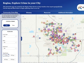 A screenshot of the new crime map published by the Regina Police Service on October 25, 2022.