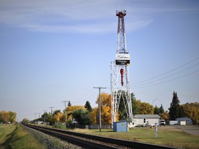 An oil rig derrick stands as a monument on the northwest side of Estevan.