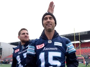 Cody Fajardo, left, jokes with fellow Toronto Argonauts teammate Ricky Ray the day before the 2017 Grey Cup game — won by the Boatmen. Fajardo is now hoping to celebrate a second championship, as a member of the Saskatchewan Roughriders.