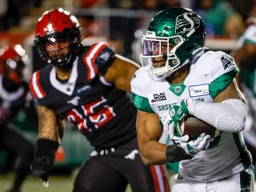 Running back Jamal Morrow, right, was one of the Saskatchewan Roughriders' few bright spots during Saturday's 36-10 loss to the host Calgary Stampeders.